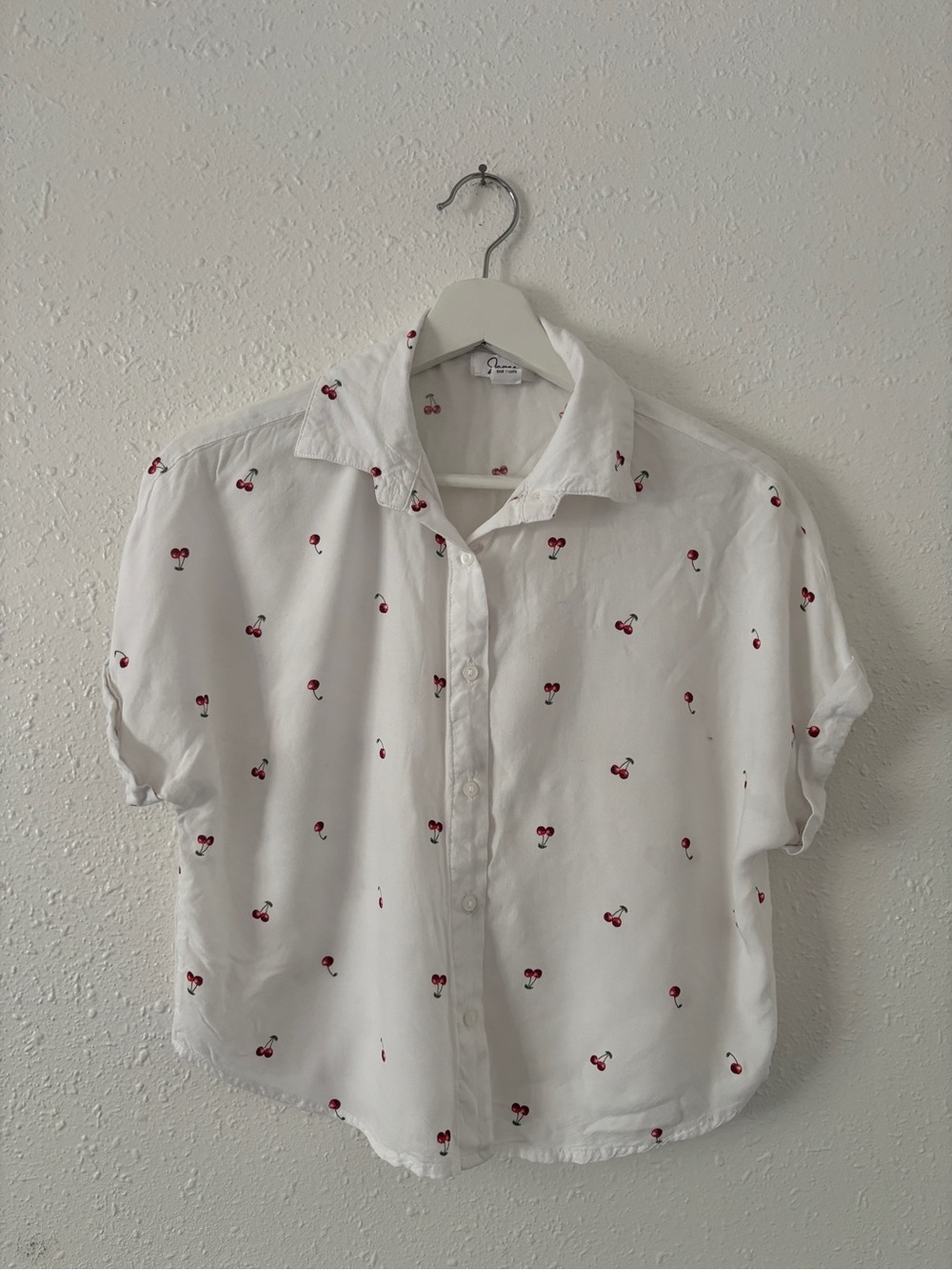Japna White Short-Sleeve Button-Down Shirt with Red Cherry Print